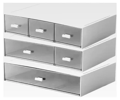 Produktbild von Schreibtisch Organizer Set mit 3 stapelbaren Aufbewahrungsboxen und 6 Schubladen, Ordnungssystem in Weiß, 22,7 x 16,5 x 4,3 cm