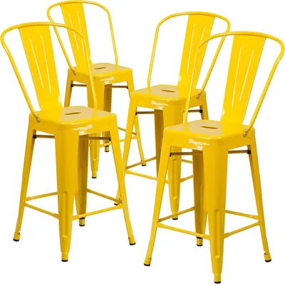 Productafbeelding van Metalen Kruk - Barkruk Tellerhoogte - Binnen Buiten Gebruik - Bistro Stijl - 4 Pack - Geel