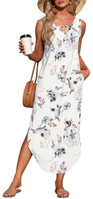 Imagen del producto de Vestido maxi sin mangas con abertura y bolsillos, estampado floral, color blanco