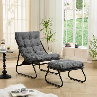 Obrázek produktu pro Zahradní lehátko se stoličkou, pohodlné relaxační křeslo s měkkým polštářem a podnožkou, ideální do obývacího pokoje a ložnice
