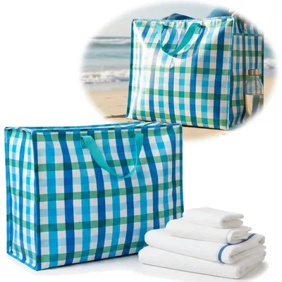 Produktbild von LS-LebenStil XXL Jumbo Bag Karo Blau Grün Weiß 55cm faltbar Kunstsoff Einkaufstasche Unterbettkommode Aufbewahrungstasche Kleidung Bettdecken Kissen
