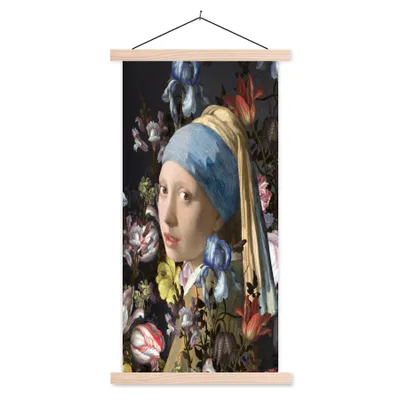 Produktbild von MuchoWow® Textilposter Das Mädchen mit dem Perlenohrring - Johannes Vermeer - Blumen 40x80 cm mit holzfarbenen Rahmen - Wohnzimmer