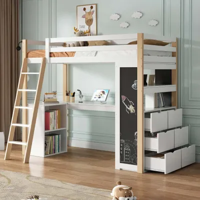 Produktbild von AIORBER Kinderhochbett, 90 x 200cm, mit Schreibtisch, Ablagefach, großen Schubladen und Holzbrett, Massivholz, langlebig und platzsparend, Weiß
