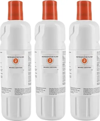 Three white refrigerator water filters with orange tops are arranged side-by-side against a white background.