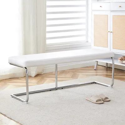 Obrázek produktu pro Kožená lavice okwish s kovovým rámem, polstrovaná – 130 cm, moderní styl, vhodná do obývacího pokoje nebo chodby, bílá barva