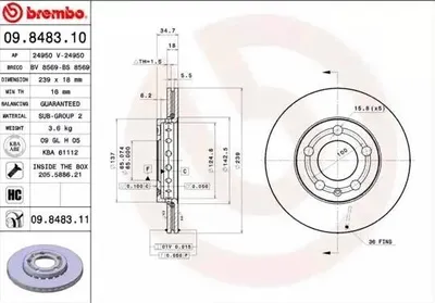 Produktbild von 2x BREMBO Bremsscheibe 09.8483.11 für VW POLO (9N_) POLO PLAYA 35mm 239mm