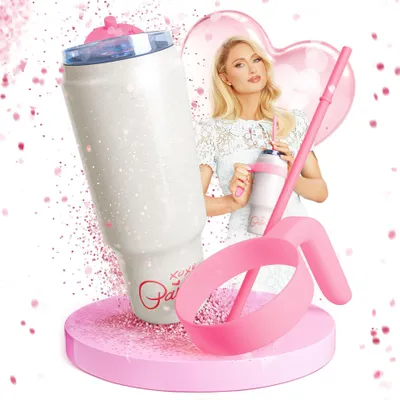 Produktbild von Paris Hilton  weiß-pinke Edelstahl Trinkflasche mit Kunststoffgriff und Strohhalm  1,1 L, Doppelwandig Isoliert, Abnehmbarer Griff