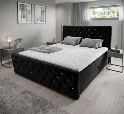 Produktbild von Boxspringbett mit kristallen CARMEN II 160x200cm Amor Velvet 22 Schwarz ,zwei Bettkästen und H3 Matratze,Komplett-Set mit Matratze und Topper,