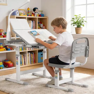 Imagen del producto de Escritorio y silla para niños, set de escritorio y silla infantil con altura ajustable, escritorio para estudiantes, escritorio juvenil, multifuncional, con lámpara y atril (gris)