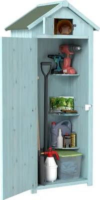 Zdjęcie produktu dla Drewniana szopa ogrodowa Outsunny, odporna na warunki atmosferyczne, szopa na narzędzia 77x54,2x179 cm, szopa na narzędzia z drzwiami, dach dwuspadowy, szafka na narzędzia z półkami, szafka na narzędzia do ogrodu, na patio, jasnoniebiesko-zielona