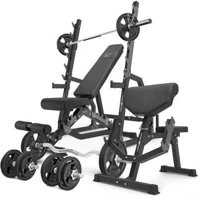 Produktbild von Marbo Sport - Set MS6_2.0_83KG_G | Doppelseitige Bank + verstellbare Hantelablage + Scott Bank - mit höhenverstellbaren Armpolster + Stangen- und Hantelscheiben gummiert Set 83 kg