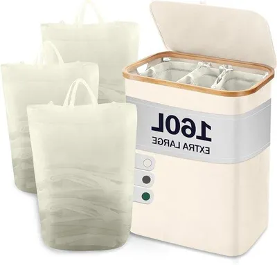 Productafbeelding van Wasmand met deksel - Kleding Sorteerder - Kleding Opbergen - Drie Compartimenten - 160 Liter - Beige