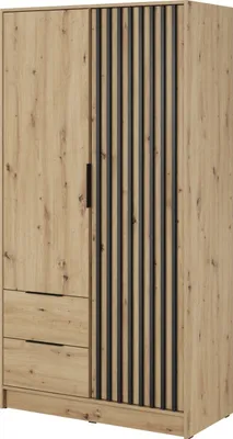 A wooden wardrobe with two doors and drawers, shown in a studio setting.