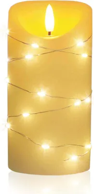 A close-up shot of a decorative LED candle with a string of small lights wrapped around it.