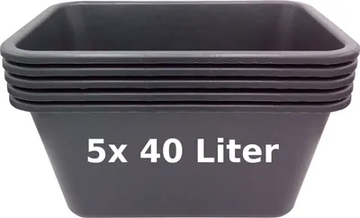 A stack of five black plastic tubs or containers, likely for gardening or construction.