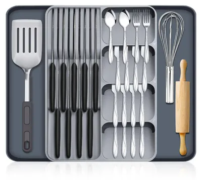 Ausziehbarer Besteckkasten-Organizer, PP, Schwarz/Grau, 27,5–51 cm