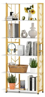 Produktbild von Bücherregal mit 6 Ebenen, Standregal mit Metallrahmen und Kippsicherung, freistehendes Regal für Wohnzimmer, Küche und Büro, 80 x 31 x 180 cm (Gold + Weiß)