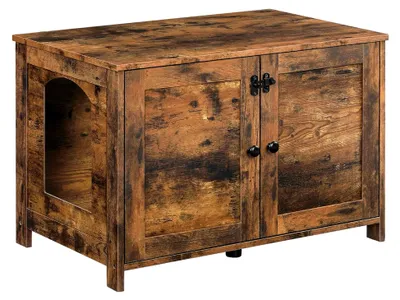 Produktbild von Katzenschrank mit Tür und Trennwand, Sitzbank und Aufbewahrungsbox für Katzenstreu, 78,5 x 44,5 x 46 cm, Vintagebraun