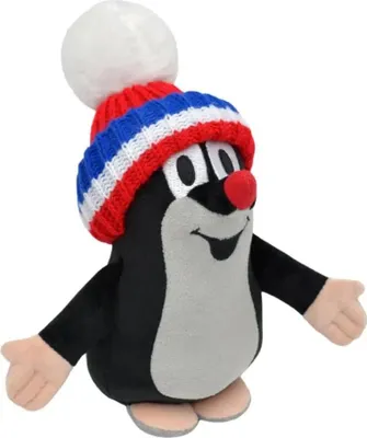 A plush toy mole wearing a knitted hat.