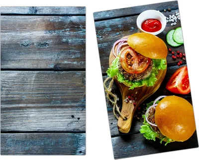Produktbild von Spritzschutz Herdabdeckplatte Schneidebrett aus Glas Veggieburger 2-Teilig (60x52cm)