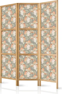 Produktbild von 3-teiliger Einseitiger Vlies Japanischer Paravent - Little Bouquets - Exotic Flowers and Leaves on a Gray-Green Background 135x172 cm Blumen b-B-10448-bh-a