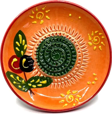 Produktbild von Kaladia Keramik Reibeteller handbemalt in Orange mit Sonne und Oliven - Durchmesser ca. 12cm - spülmaschinengeeignet