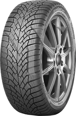 A close-up studio shot of a Kumho Wintercraft Wp52 tire mounted on a silver alloy wheel, presented against a plain white background.