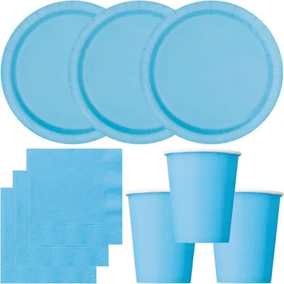 Produktbild von Party Deko Set hellblau Einweggeschirr für 16 Personen Teller, Becher, Servietten