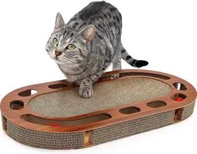 Produktbild von Pfotenolymp® Katzenspielbrett - Interaktives Katzenspielzeug/Kratzbrett aus Wellpappe - Kratzbrett - Futterspielzeug mit Spielball & Katzenminze