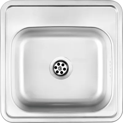 A top-down view of a stainless steel sink with a drain.