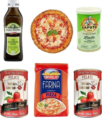 Produktbild von Italian Gourmet Homemade ?Pizza? Kit 1x Farchioni Natives Olivenöl extra oil 250ml 2x geschälte Tomaten 400gr 1x Caputo Trockenhefe 100gr 1x Divella Pizzamehl 1kg