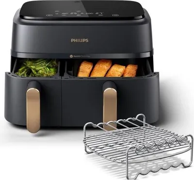 Produktbild von Fritteuse ohne Öl Philips Airfryer Serie 3000 Doppelkorb 9L, 2750W, 8 Voreinstellungen, Schwarz/Gold, mit Zubehör