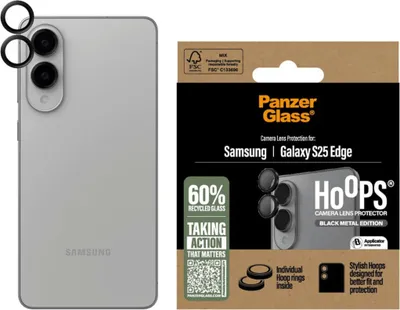 Obrázek produktu pro PanzerGlass ® Hoops® Camera Lens Protector Black Samsung S25 Edge, Samsung, Samsung - Galaxy S25 Edge 5G, Aplikace nasucho, Odolné proti poškrábání, Odolný proti nárazům, Černá, 1 kusů