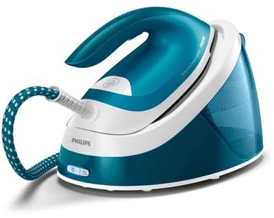 Produktbild von Philips PerfectCare Compact Bügelstation, Keramikbügelsohle, 120 g/min konst. Dampf, 6.0 bar, 2400 W, Blau (GC6815/20)