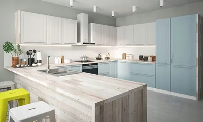 Produktbild von Küchenzeile 220x363x295cm weiß / reinweiß - pastellblau Matt lackiert Küchenblock U-Form Modern