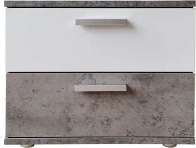 A front view of a two-drawer nightstand with a white top drawer and a concrete-patterned bottom drawer.