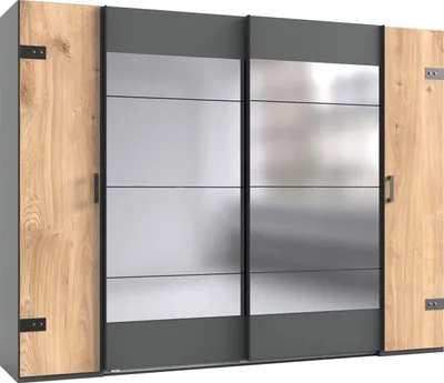 Produktbild von Dreh-/Schwebetürenschrank Stockholm Kleiderschrank mit Spiegel Ausführung wählbarPlankeneiche / graphit