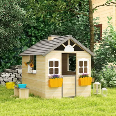 Produktbild von Spielhaus Kinderspielhaus aus Holz mit Tür Fenster Briefkasten Blumentopfrack Gartenhaus für Jungen und Mädchen 3-7 Jahre Kinderspielzeug für Outdo...