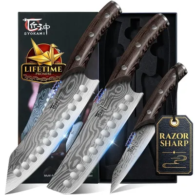 Immagine prodotto di Set di coltelli da cucina, 3 pezzi: Coltello in stile giapponese Kiritsuke, coltello Nakiri, coltello spelucchino, motivo Damasco, manico in legno