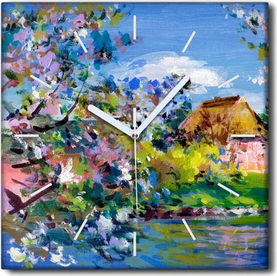 Produktbild von Coloray Uhr auf Leinwand 30x30 cm Wand Uhr Dekoration Wohnzimmer Segeltuch weiße Zeiger -Blumen eines Flussbaums