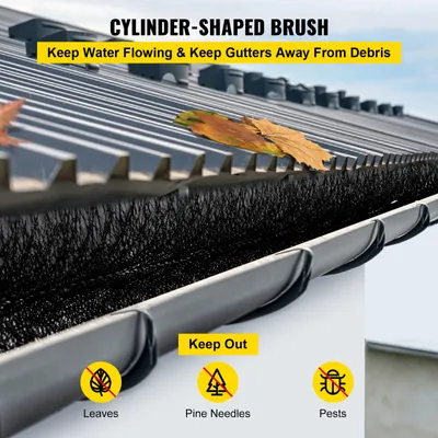 A gutter brush installed on a roof gutter, with leaves on the roof.