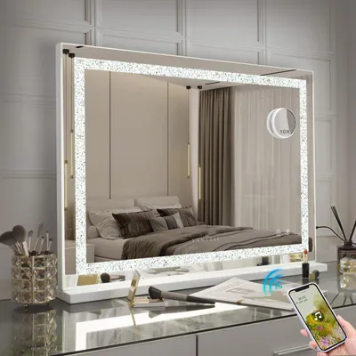 Produktbild von VANITII Hollywood Schminkspiegel 80cm x 58cm mit LED Beleuchtung 3 Lichtmodus Kristallen Bluetooth Kosmetikspiegel für Badzimmer Schminktisch Weiß