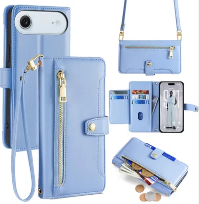 Produktbild von Handykette für iPhone Air Hülle mit Band Handyhülle Kartenfächer Kunstleder Umhängetasche in Hellblau