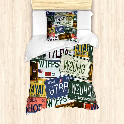 Produktbild von ABAKUHAUS Jahrgang Bettbezug Set, Alte Retro Kfz Kennzeichen Personalisierte Kreative Reise Kunst Druck, 135 x 200 cm + 80 x 80 cm, Grün Blau Gelb