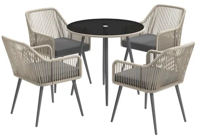 Image de Ensemble de mobilier de jardin, 4 fauteuils et table ronde en verre, en polyrotin, avec coussins, pour terrasse et jardin, marron