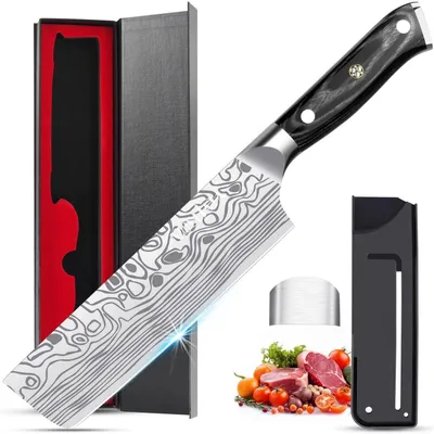 Produktbild von Nakiri Messer 18 cm Japanisches Küchenmesser Hackmesser Kochmesser asiatisches Gemüsemesser aus Deutscher Edelstahl 1.4116 mit Holzgriff und Schutzhülle