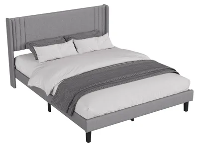 Obrázek produktu pro Klasická postel - manželská postel - 160 x 200 cm - s čelem - s roštovou základnou - potah z lněného materiálu - šedá barva - bez matrace