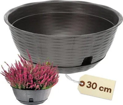 Produktbild von Pflanzschale Rund mit Untersetzer Blumenschale Kunststoff Pflanzschale für draußen Grabschale Rattan Blumentopf Schale Pflanzgefäß Anthrazit Bonsai Schale 30 cm