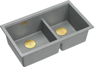 Produktbild von QUADRON Spülbecken 2-Becken Spüle | Größe: 78 x 50 x 23,5 cm | LOGAN 120 | Unterbauspüle Granitspüle aus GraniteQ mit Siphon | Stone + Golden PVD