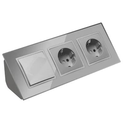 Produktbild von Glas Ecksteckdose 2-fach Steckdose + Lichtschalter Steckdosenblock 45° Verteilerdose silber.